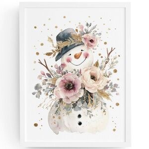Watercolor Snowman Adorned with Flowers Portrait Wall Art Print Poster, Unframed